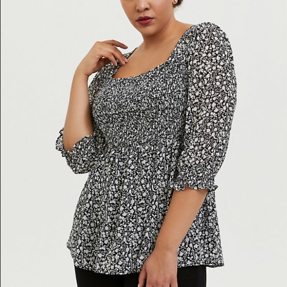 Black & White Floral Chiffon Smocked Babydoll Top